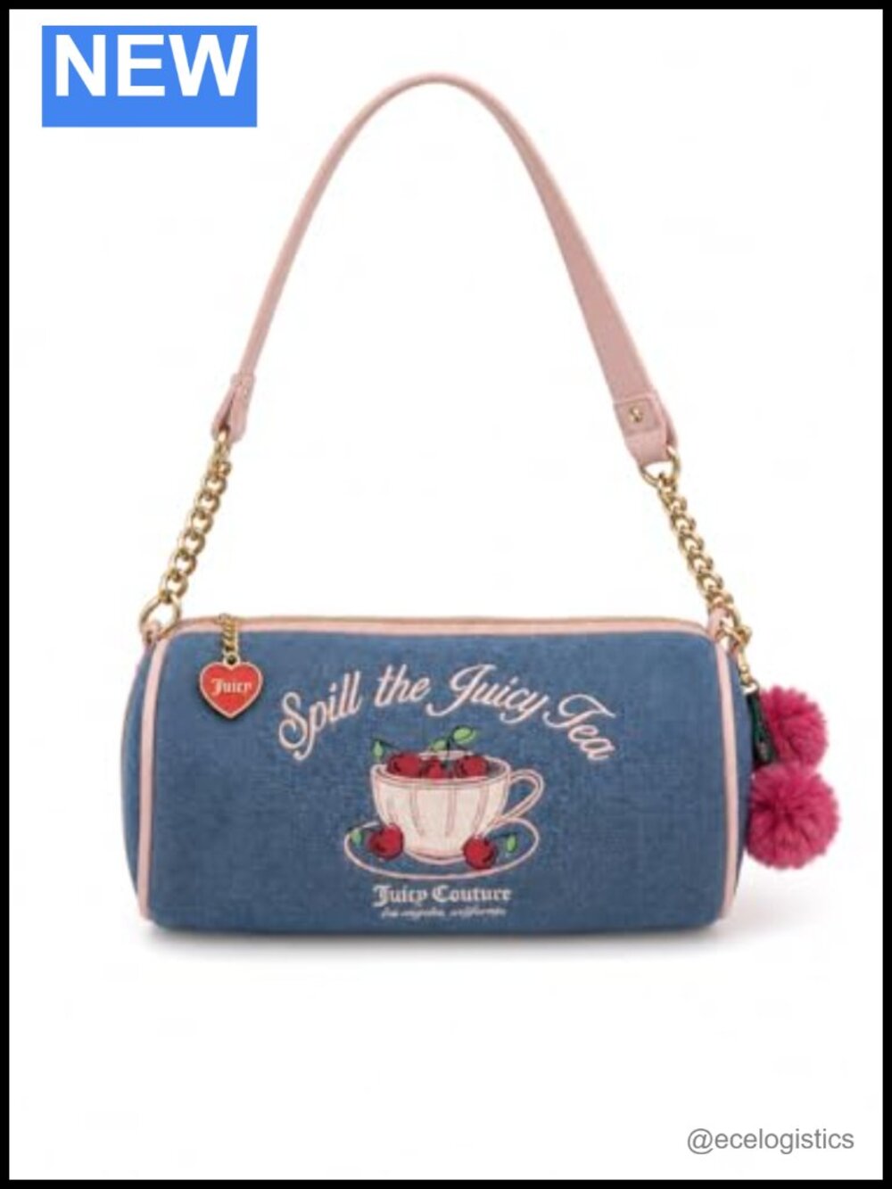 Denim Barrel Shoulder Bag with Gold-Tone Chain Strap